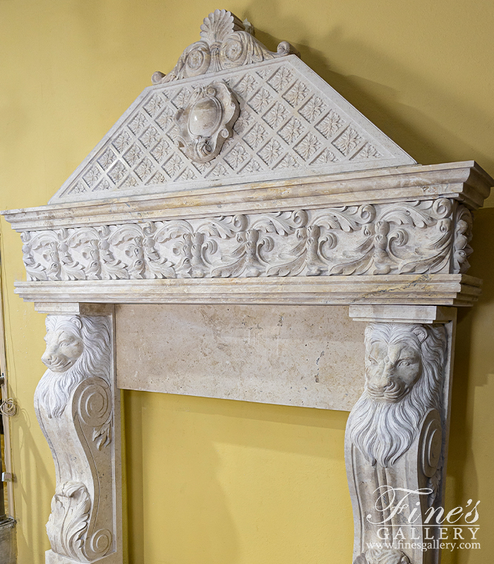 Marble Fireplaces  - Lion Themed Mantel With Overmantel In Light Travertine - MFP-1734